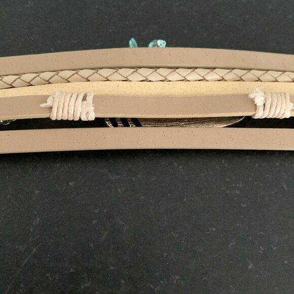 Western Boho Bracelet | Gold Layered Cuff with Faux Turquoise Stones & Feather - Picture 8 of 8